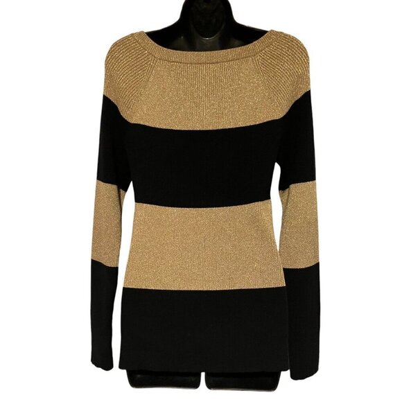 Lauren Ralph Lauren Sweater L Ribbed Boat Neck Gold Metallic Asymmetric Party - Picture 5 of 8